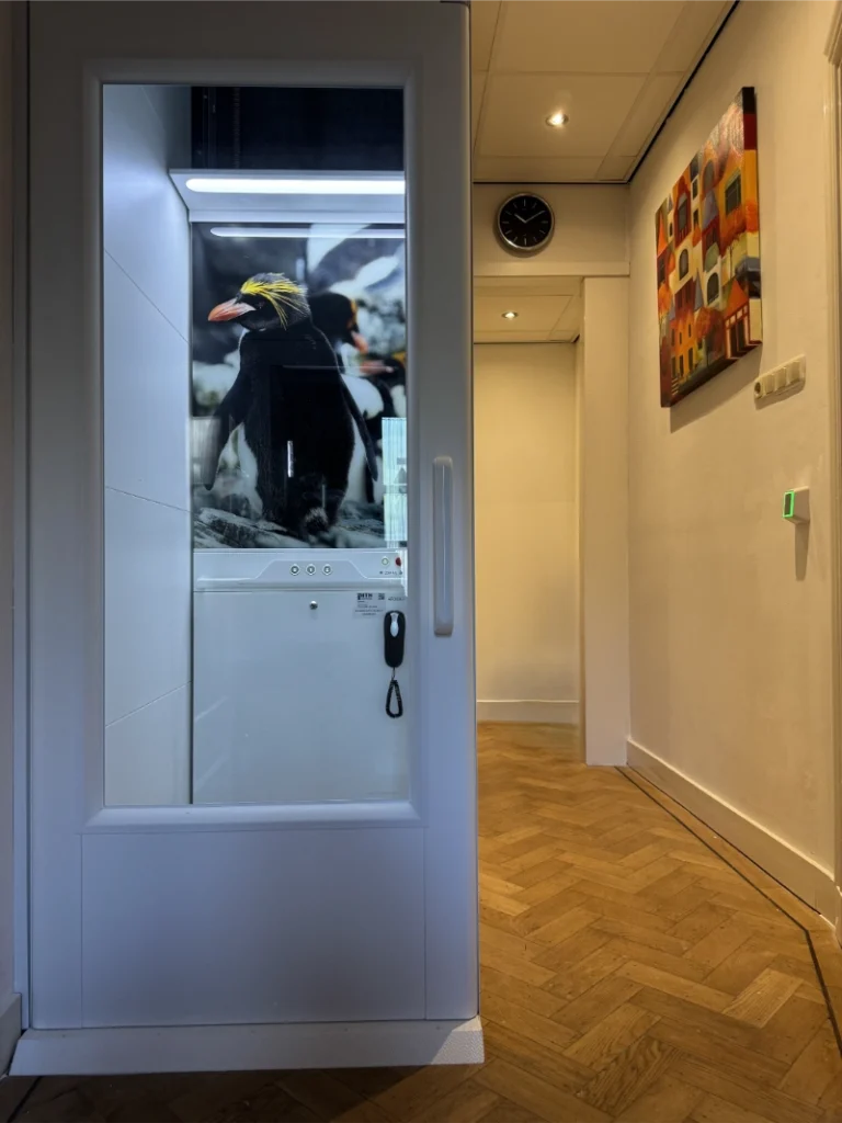 Woonhuislift met op maat bedrukte cabinewand met pinguïnprint in een woonhuis in Den Haag
